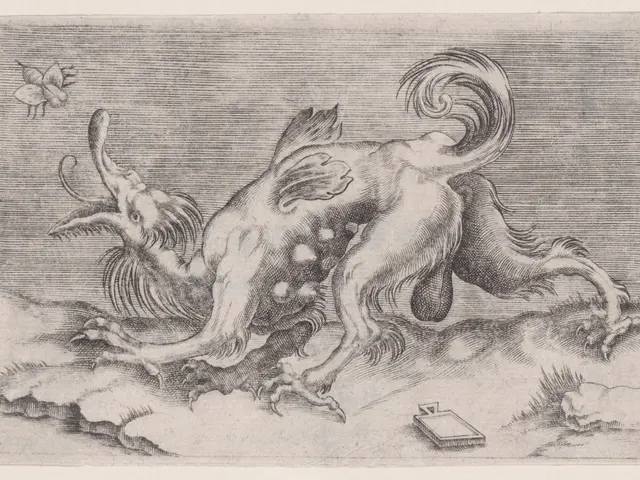 The image shows a black and white drawing of a mythical creature with a book in its mouth. The...