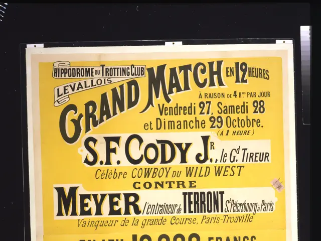 The image shows an old poster advertising a grand match between S.F. Cody and Meyer. The poster has...