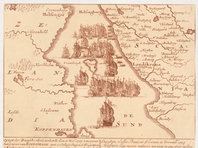 The image shows an old map of the Netherlands with ships in the middle of it. The paper has text...