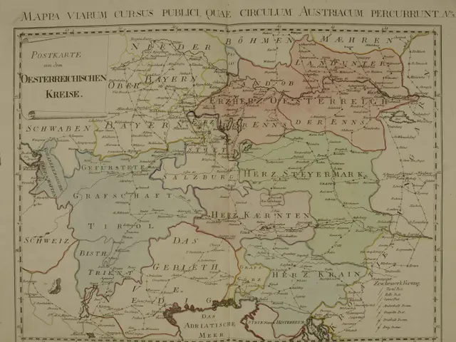 The image shows an old map of Germany with the provinces of Austria and Germany highlighted. The...