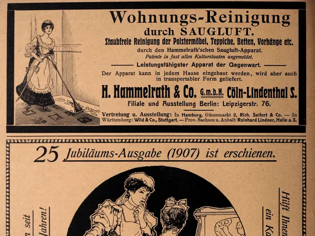 The image shows an old advertisement for a woman's clothing store with a picture of a man and a...