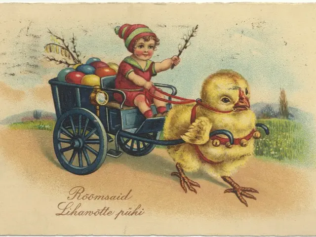 The image shows an old postcard with a little boy riding in a cart filled with colorful Easter...