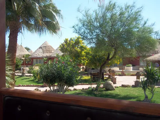 The image shows a view of a resort with huts, trees, plants, flowers, grass, rocks, and a bench in...