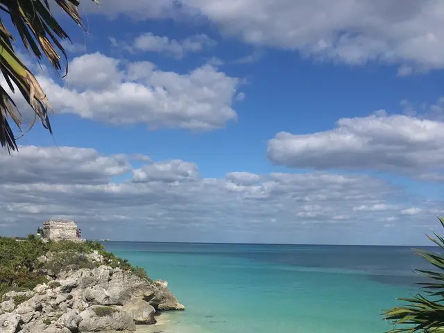 The image shows a stunning view of the beach from the top of a hill, with lush green trees, crystal...