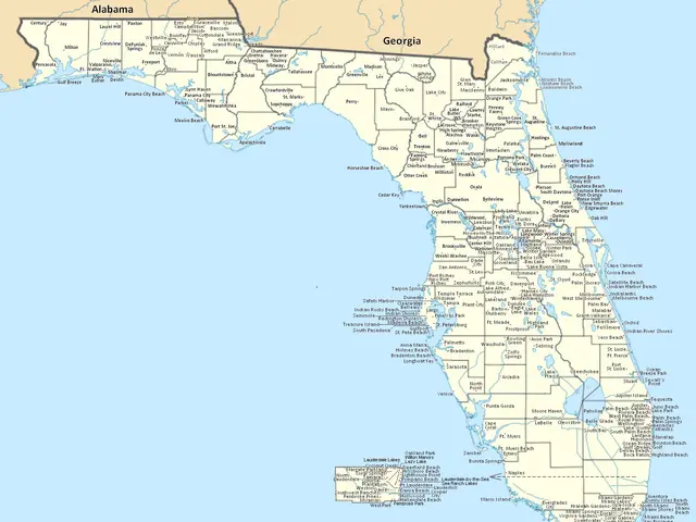 The image shows a large detailed political map of Florida, with roads, cities, and other...
