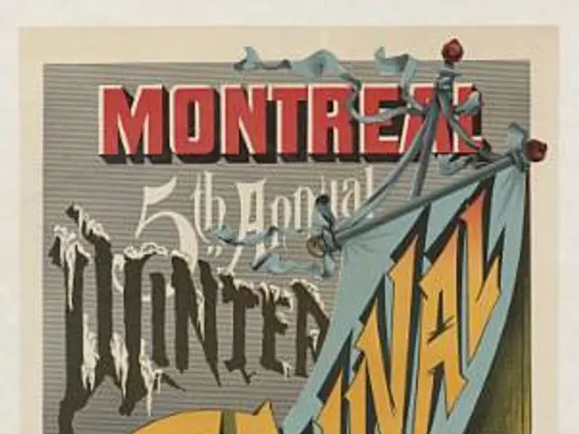 The image shows a poster advertising a winter carnival in Montreal, Quebec, Canada. It features a...
