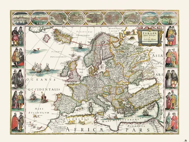 The image shows a poster of a map of Europe from the 16th century, with pictures of people and text...