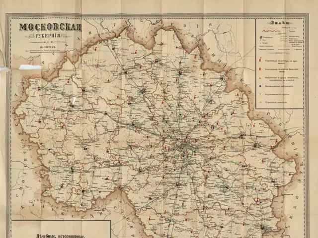 The image shows an old map of the city of Moscow, Russia, with text detailing the route of the...