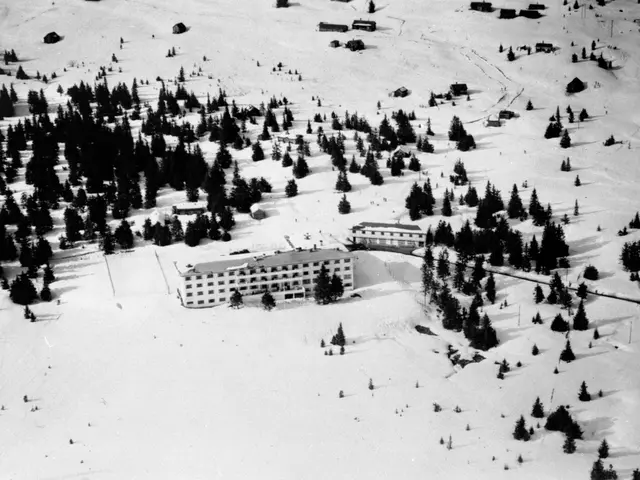 The image shows an aerial view of a ski resort in the mountains, with a few buildings and trees...