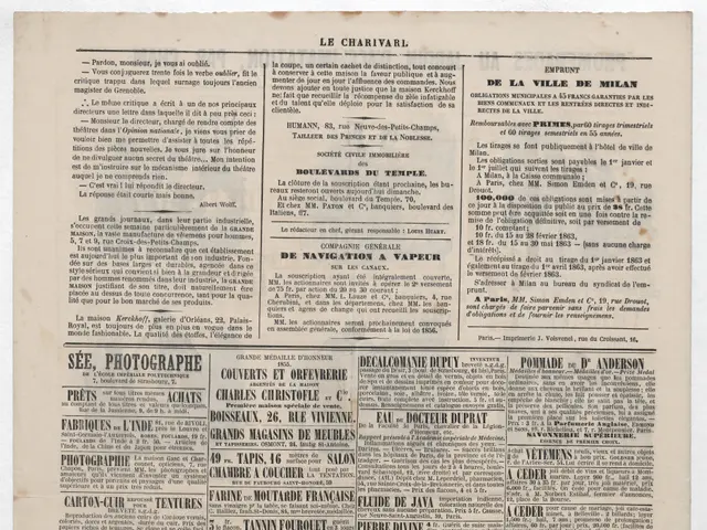 The image shows an old newspaper with a bottle of wine on it. The paper has text and pictures of a...