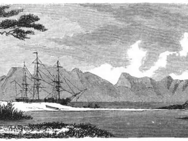 The image shows a black and white engraving of a ship in the ocean with mountains in the...