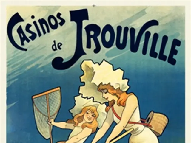 The image shows a poster advertising a casino in Trouville, France. It features two women in a...