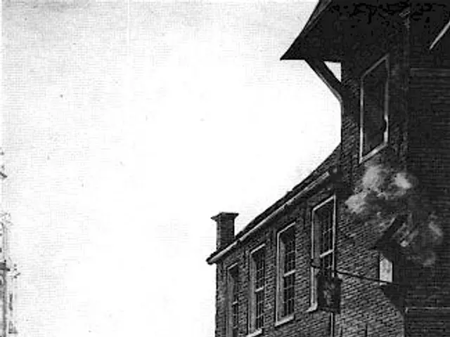 The image shows a black and white drawing of a street scene with people walking down it, some of...