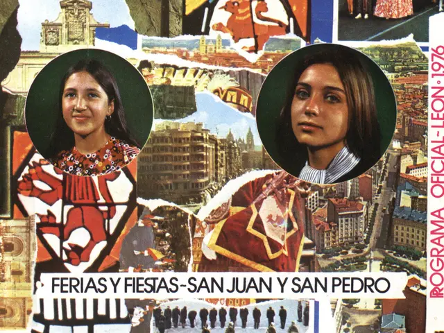 The image shows a poster with a collage of pictures of two women, Ferias y Fiestas San Juan y San...
