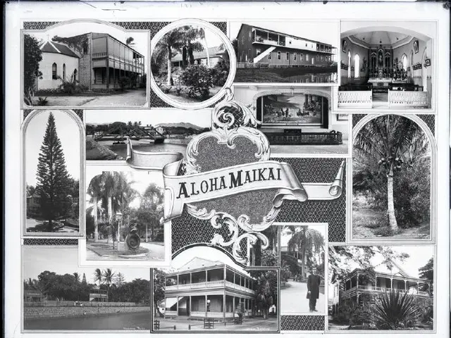 The image shows a black and white photo of the Aloha Maikai Hotel in Honolulu, Hawaii. It features...
