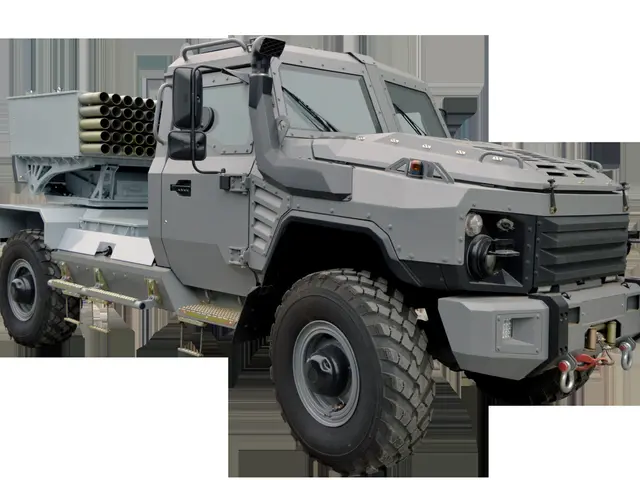 The image shows a military vehicle with a missile on top of it, set against a white background. The...