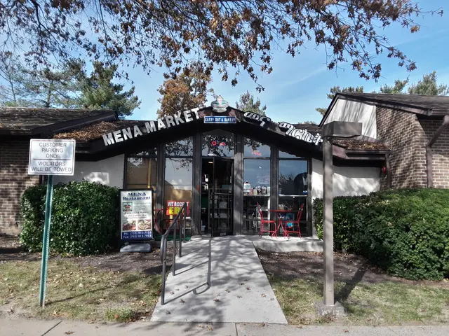 The image shows a restaurant with a sign that reads "Mena Market" in front of it. The building has...