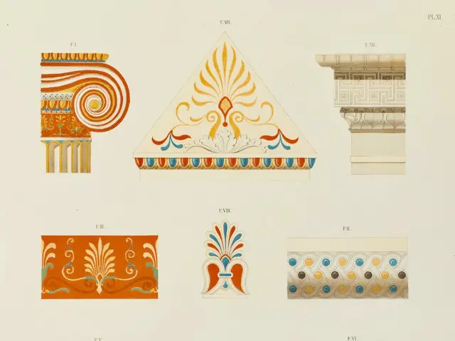 The image shows a page from a book with a variety of Greek ornaments, including intricate designs...