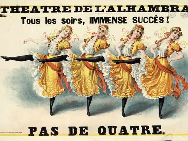 The image shows a poster for the Theatre de l'Alhambra in Paris, France. It features a group of...
