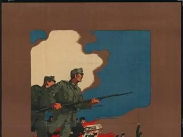 The image shows a German World War II propaganda poster featuring a group of people holding guns,...