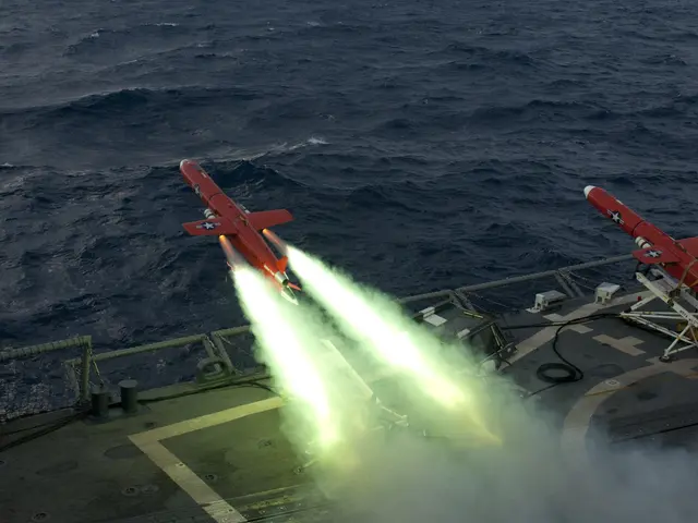 The image shows two red missiles being launched from an aircraft carrier in the middle of the...
