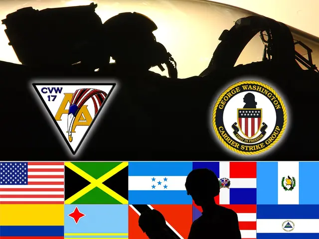 The image shows a poster with a fighter jet in the center, surrounded by a group of people and...