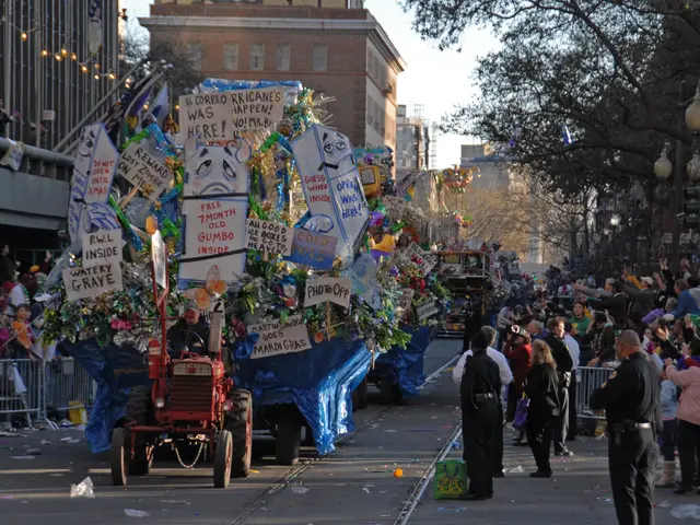 The image shows a parade float in the Mardi Gras parade in New Orleans, Louisiana. There are...