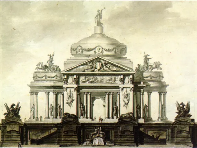 The image shows a drawing of a large building with statues on top of it, which is the National...
