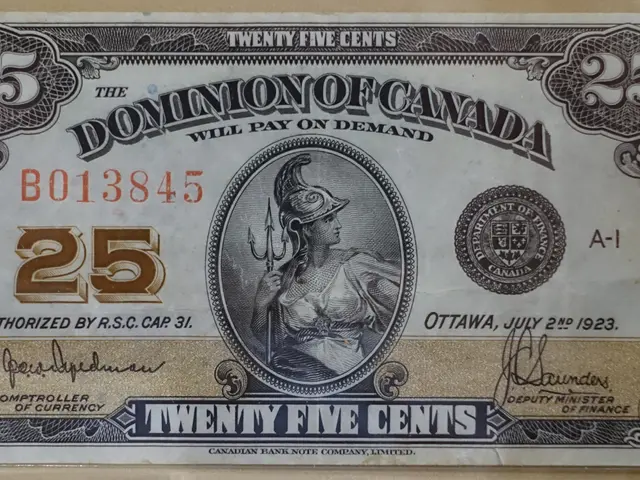 The image shows a Dominion of Canada twenty five cents banknote with a picture of a person on the...