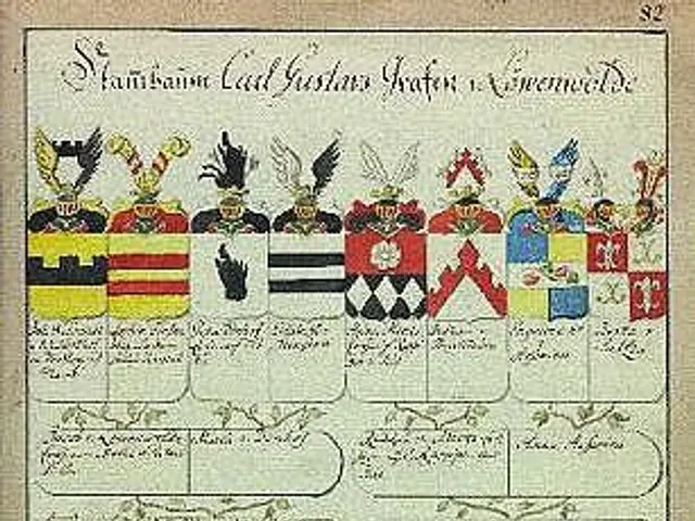 The image shows an old book with a drawing of a family tree on it, which is the coat of arms of the...