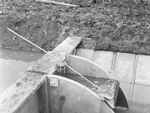 The image shows a black and white photo of a septic tank in the middle of a grassy area. The tank...