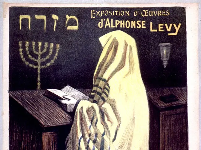 The image shows a poster advertising an exhibition of jewish jews in Paris, France. It depicts a...