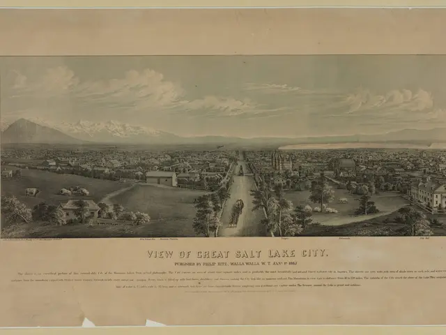 The image shows a view of Great Salt Lake City, Utah, with trees, buildings, hills, and clouds in...