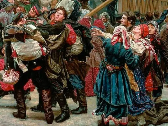 The image shows a painting of a group of people dancing in front of a crowd, with some of them...