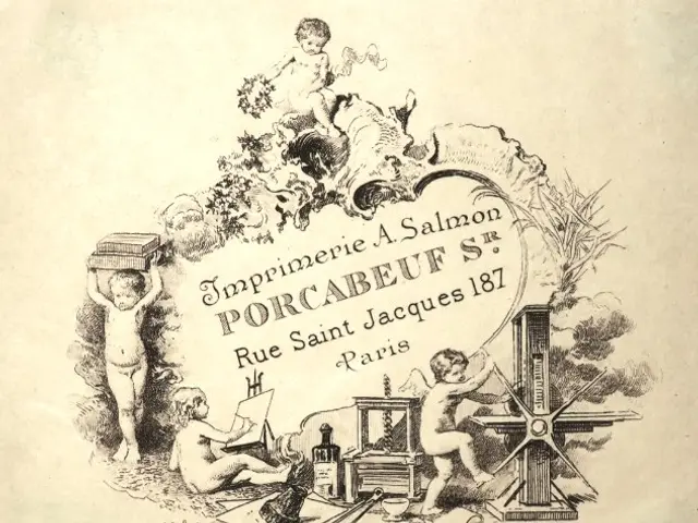 The image shows an old book with a drawing of a group of children playing with a machine,...