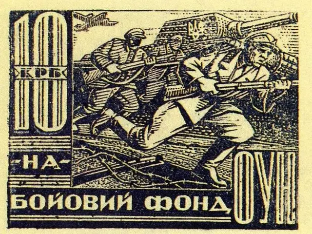 The image shows a stamp from the Soviet Union depicting a group of men running with rifles, with...