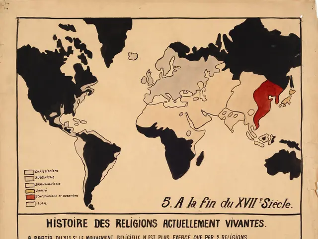 The image shows a poster with a map of the world on it, depicting the history of religion in the...