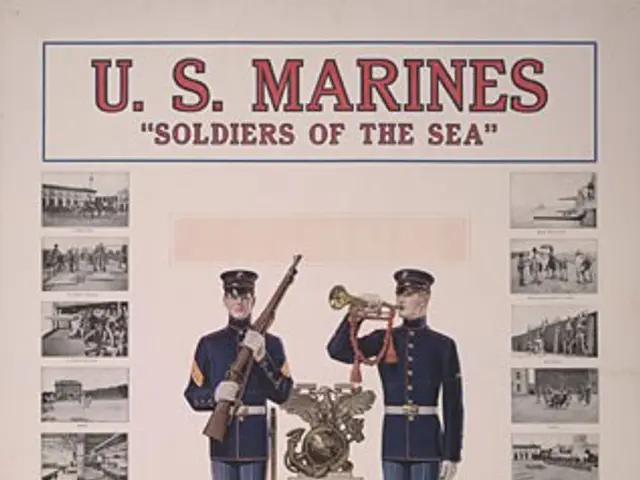 The image shows a poster with text and images of U.S. Marines soldiers of the sea recruiting...
