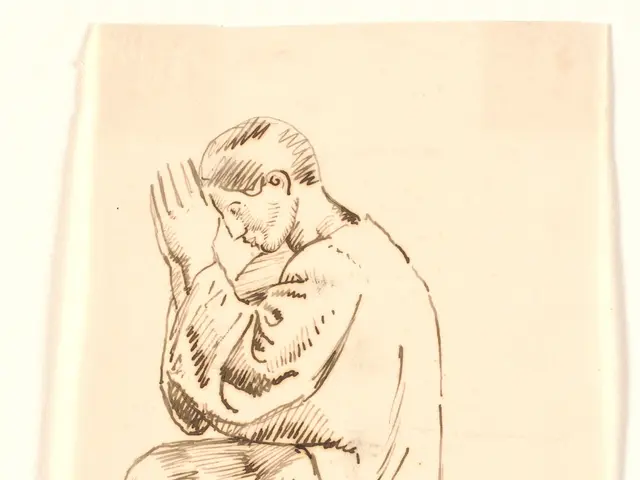 The image shows a sketch of a man sitting on the ground with his hands clasped in prayer. He is...