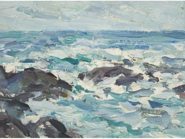 The image shows a painting of waves crashing on rocks in the ocean, with a sky in the background....