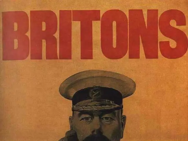 The image shows a poster with a picture of a person and the words "Britons Wants You - Join Your...