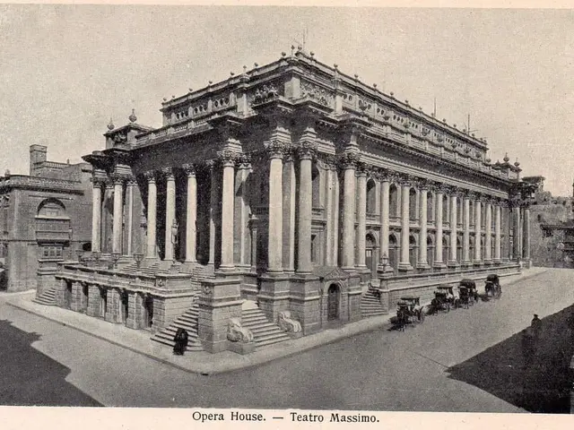 The image shows an old black and white photo of the opera house in Teatro Massimo, Rome, Italy. It...