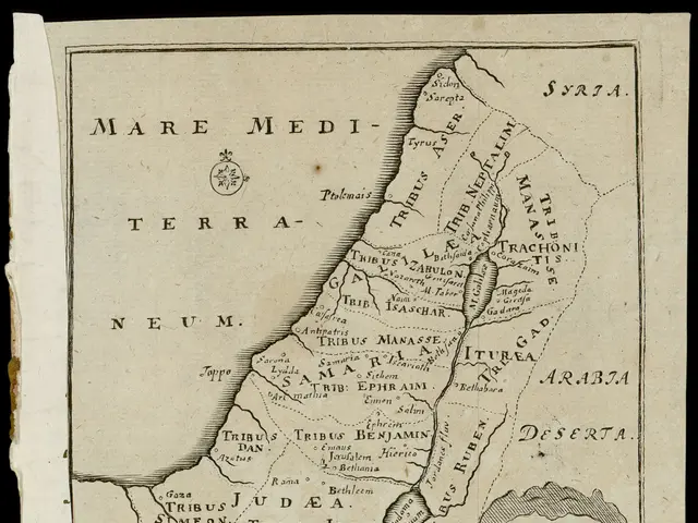 The image shows a paper with a map of the Middle East and Israel, with text written on it against a...