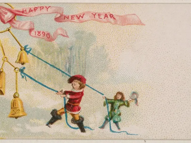 The image shows an old postcard with two children playing with bells and a banner that reads "Happy...