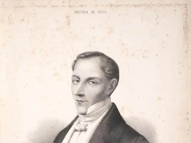 The image shows a black and white drawing of a man in a suit, identified as Diego Portales, the...