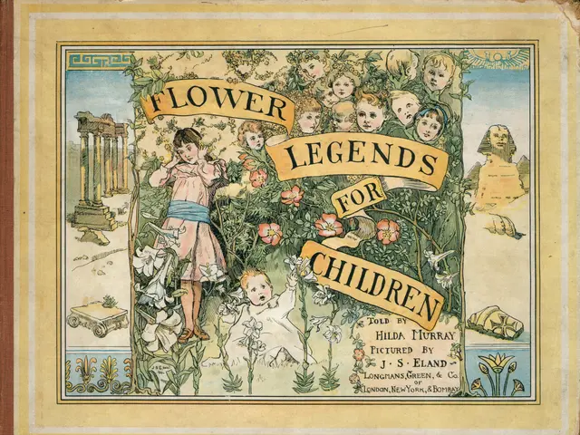 The image shows an old book with a picture of a group of children playing in a field of flowers,...