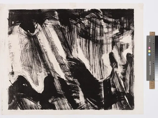 The image shows a black and white etching on a piece of paper with a scale on the right side. The...