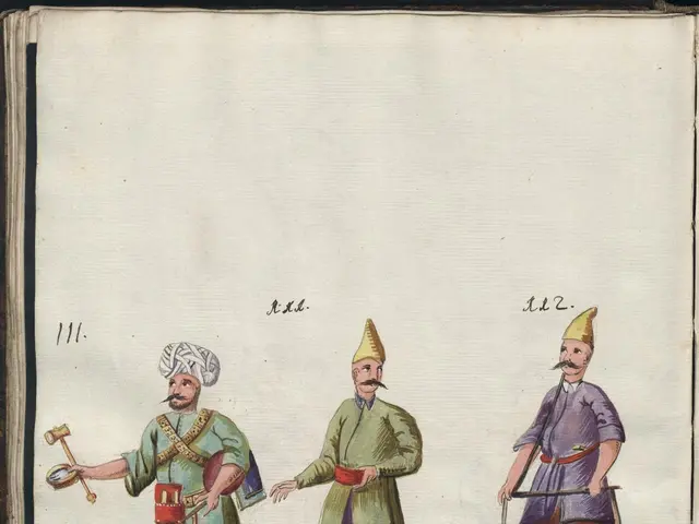 The image shows an open book with a drawing of three men in traditional Turkish clothing, each...