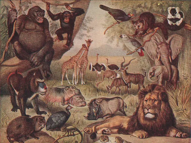 The image shows a poster with a variety of African animals, including a lion, giraffe,...