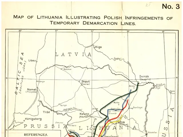 The image shows a poster with a map of Lithuania illustrating the Polish infringements of temporary...